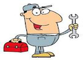 Cartoon repair man with wrench and tool box